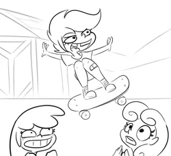 Size: 3288x3000 | Tagged: safe, artist:tjpones, derpibooru import, apple bloom, scootaloo, sweetie belle, equestria girls, bandaid, black and white, cutie mark crusaders, female, grayscale, image, monochrome, png, skateboard, tooth gap, trio