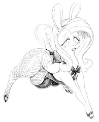 Size: 1452x1788 | Tagged: suggestive, artist:sunibee, derpibooru import, fluttershy, pegasus, pony, big crotchboobs, black and white, bowtie, bunny suit, clothes, crotchboobs, female, fishnets, grayscale, high heels, huge crotchboobs, image, lipstick, monochrome, nudity, png, shoes, simple background, solo, solo female, white background