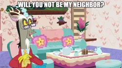Size: 888x499 | Tagged: safe, derpibooru import, edit, edited screencap, screencap, discord, draconequus, discordant harmony, chair, clothes, couch, cup, discord's house, glasses, image, jpeg, mister rogers, solo, sweater, teacup, teapot