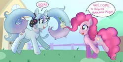 Size: 1352x684 | Tagged: safe, artist:grodiechan, derpibooru import, pinkie pie, ponified, earth pony, pony, cupcake, dialogue, food, happy, hatsune miku, headset, image, jpeg, leek, prehensile mane, smiling, vocaloid