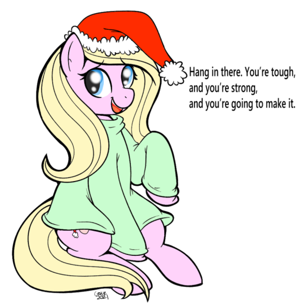 Size: 671x671 | Tagged: safe, artist:grodiechan, derpibooru import, oc, oc:chuckles, unofficial characters only, earth pony, pony, christmas, clothes, dialogue, hat, holiday, image, looking at you, png, santa hat, smiling, solo, sweater