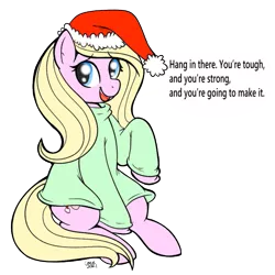 Size: 671x671 | Tagged: safe, artist:grodiechan, derpibooru import, oc, oc:chuckles, unofficial characters only, earth pony, pony, christmas, clothes, dialogue, hat, holiday, image, looking at you, png, santa hat, smiling, solo, sweater