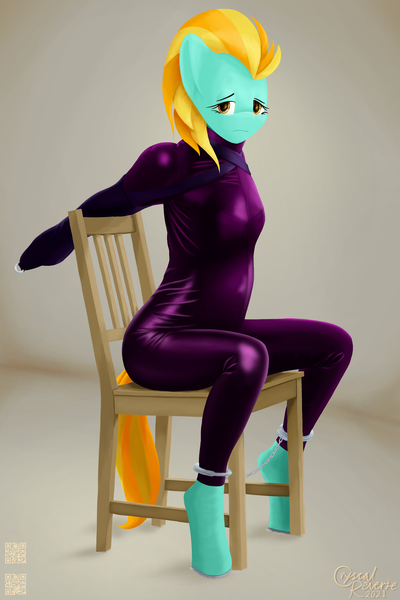 Size: 1920x2880 | Tagged: suggestive, artist:alicorn-without-horn, derpibooru import, lightning dust, anthro, pegasus, unguligrade anthro, ankle cuffs, arm behind back, armbinder, carpet, catsuit, chair, clothes, cuffs, gradient background, image, latex, latex suit, png, solo