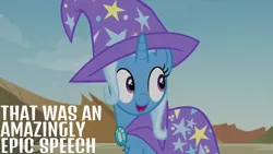 Size: 1920x1080 | Tagged: safe, derpibooru import, edit, edited screencap, screencap, trixie, pony, season 7, to change a changeling, cape, clothes, hat, image, png, quote, solo, trixie's cape, trixie's hat