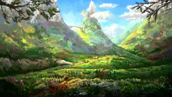 Size: 1280x720 | Tagged: safe, artist:plainoasis, derpibooru import, applejack, earth pony, pony, canterlot, cart, image, mountain, png, scenery, solo, train, valley