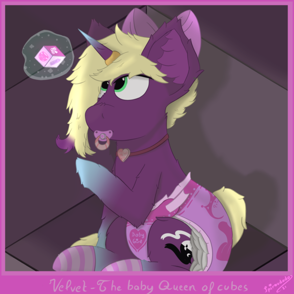 Size: 2000x2000 | Tagged: questionable, artist:spiroudada, derpibooru import, oc, oc:velvet sky, unofficial characters only, pony, unicorn, adult foal, choker, clothes, crossdressing, cube, diaper, fetish, horn, horn ring, image, jewelry, male, pacifier, pink, png, ring, sissy, socks, stallion, striped socks