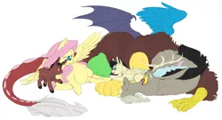 Size: 9093x4894 | Tagged: safe, artist:snspony, derpibooru import, discord, fluttershy, draconequus, hybrid, pegasus, pony, discoshy, female, image, interspecies offspring, male, offspring, parent:discord, parent:fluttershy, parents:discoshy, png, pregnant, shipping, straight