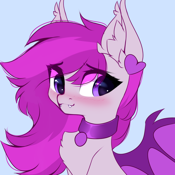 Size: 3072x3083 | Tagged: safe, artist:airiniblock, derpibooru import, oc, oc:violet moonflower, unofficial characters only, bat pony, bat pony oc, bat wings, blushing, chest fluff, collar, cute, ear fluff, fangs, image, patreon, patreon reward, png, rcf community, wings