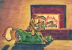 Size: 1241x865 | Tagged: safe, artist:shoeunit, derpibooru import, oc, oc:creekseed, unofficial characters only, earth pony, pony, blanket, ear fluff, female, fireplace, freckles, image, lying down, mare, mug, png, prone, smiling, solo, tail wrap, traditional art