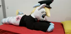 Size: 4032x1960 | Tagged: safe, artist:qtpony, photographer:ryperiour2, oc, oc:aryanne, earth pony, pony, unicorn, armband, clothes, hat, heart, image, irl, jpeg, life size, nazi, photo, plushie, smiley face, socks, swastika