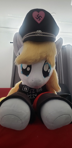 Size: 4032x1960 | Tagged: safe, artist:qtpony, photographer:ryperiour2, oc, oc:aryanne, earth pony, pony, unicorn, armband, clothes, hat, image, irl, jpeg, life size, nazi, nazi armband, nazipone, photo, plushie, smiley face, socks, swastika