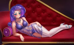 Size: 1649x1000 | Tagged: suggestive, alternate version, artist:racoonsan, derpibooru import, rarity, human, bedroom eyes, belly button, big breasts, blushing, bra, breasts, clothes, couch, draw me like one of your french girls, ear piercing, earring, fainting couch, female, high heels, humanized, image, jewelry, jpeg, lingerie, looking at you, panties, piercing, see-through, shoes, socks, solo, solo female, thigh highs, underwear