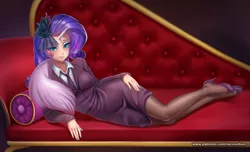 Size: 1649x1000 | Tagged: safe, alternate version, artist:racoonsan, derpibooru import, rarity, human, bra, clothes, couch, draw me like one of your french girls, fainting couch, horn, horned humanization, humanized, image, jpeg, looking at you, necktie, suit, underwear