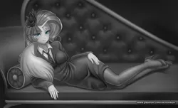 Size: 1649x1000 | Tagged: safe, alternate version, artist:racoonsan, derpibooru import, rarity, human, bra, clothes, couch, draw me like one of your french girls, fainting couch, horn, horned humanization, humanized, image, jpeg, looking at you, monochrome, necktie, neo noir, partial color, suit, underwear