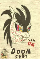 Size: 2030x2954 | Tagged: safe, artist:sarnathid-prime-pony, derpibooru import, oc, oc:sarr, original species, bust, evil eyes, evil grin, fangs, grin, head, horn, image, jpeg, ow the edge, pencil drawing, portrait, sketch, smiling, text, traditional art, unknown species, watermark