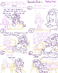 Size: 1280x1611 | Tagged: safe, artist:adorkabletwilightandfriends, derpibooru import, spike, starlight glimmer, ponified, dragon, pony, unicorn, comic:adorkable twilight and friends, alternate hairstyle, bed, bedroom, bedroom eyes, blanket, butt, comic, dialogue, dock, duo, equestria girls ponified, featureless crotch, female, hat, image, jpeg, lidded eyes, limited palette, lineart, male, mare, numbers, onomatopoeia, pillow, plot, shipping, simple background, sleeping, snoring, sound effects, sparlight, straight, sweat, sweatdrops, sweating bullets, text, white background, zzz