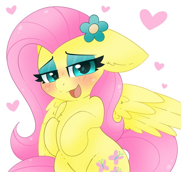 Size: 2585x2463 | Tagged: safe, artist:pegamutt, derpibooru import, fluttershy, pegasus, pony, bipedal, blushing, cute, daaaaaaaaaaaw, drunk, floppy ears, flower, flower in hair, go home you're drunk, heart, image, jpeg, lidded eyes, looking at you, open mouth, shyabetes, smiling, solo