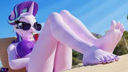 Size: 3840x2160 | Tagged: suggestive, alternate version, artist:shadowboltsfm, derpibooru import, starlight glimmer, anthro, plantigrade anthro, 3d, 4k, alternate character, aviator glasses, barefoot, big breasts, bikini, blender, breasts, clothes, cocktail, eyelashes, feet, female, fetish, foot fetish, foot focus, glasses, image, legs, looking at you, lounge chair, nail polish, not sfm, png, sexy, sipping, sitting, sole, sun ray, swimsuit, toenail polish, toes
