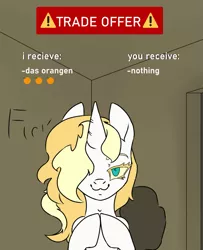 Size: 877x1080 | Tagged: safe, artist:2hrnap, derpibooru import, oc, oc:dyxkrieg, unofficial characters only, exploitable meme, food, image, looking at you, magical lesbian spawn, meme, offspring, orange, parent:oc:dyx, parent:oc:luftkrieg, png, trade offer