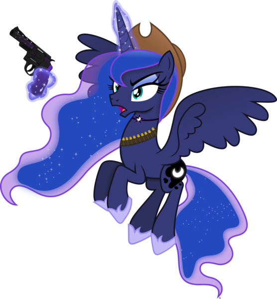 Size: 5829x6295 | Tagged: safe, artist:anime-equestria, derpibooru import, princess luna, alicorn, angry, bullet belt, cowboy, cowboy hat, eyeshadow, female, gun, handgun, hat, horse shoes, image, jewelry, levitation, magic, makeup, necklace, png, revolver, simple background, solo, telekinesis, transparent background, vector, weapon, wild west, wings