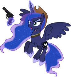 Size: 5829x6295 | Tagged: safe, artist:anime-equestria, derpibooru import, princess luna, alicorn, angry, bullet belt, cowboy, cowboy hat, eyeshadow, female, gun, handgun, hat, horse shoes, image, jewelry, levitation, magic, makeup, necklace, png, revolver, simple background, solo, telekinesis, transparent background, vector, weapon, wild west, wings