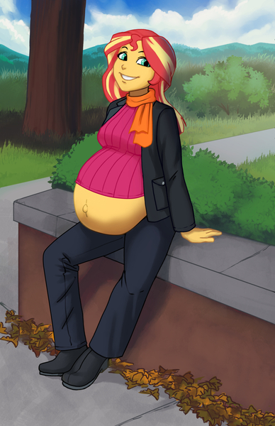 Size: 971x1500 | Tagged: safe, artist:olympic-dames, derpibooru import, sunset shimmer, comic:inner thoughts, equestria girls, autumn, belly, belly button, big belly, boots, bush, clothes, cloud, coat, complex background, high heels, image, jpeg, leaves, looking at you, outie belly button, pants, pregnant, scarf, shoes, sidewalk, sitting, sky, smiling, sunset preggers, sweater, tree