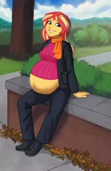 Size: 971x1500 | Tagged: safe, artist:olympic-dames, derpibooru import, sunset shimmer, comic:inner thoughts, equestria girls, autumn, belly, belly button, big belly, boots, bush, clothes, cloud, coat, complex background, high heels, image, jpeg, leaves, looking at you, outie belly button, pants, pregnant, scarf, shoes, sidewalk, sitting, sky, smiling, sunset preggers, sweater, tree