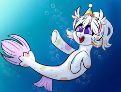 Size: 1280x974 | Tagged: safe, artist:marph92, derpibooru import, oc, oc:confetti cupcake, unofficial characters only, seapony (g4), bubble, crepuscular rays, dorsal fin, fangs, fish tail, hat, image, jpeg, ocean, open mouth, party hat, purple eyes, smiling, solo, swimming, tail, teeth, underwater, water