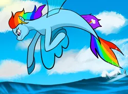 Size: 1280x945 | Tagged: safe, artist:folkloriankid, derpibooru import, rainbow dash, pegasus, pony, seapony (g4), my little pony: the movie, cloud, dorsal fin, female, fin wings, fins, fish tail, image, jpeg, looking down, multicolored hair, ocean, pink eyes, seaponified, seapony rainbow dash, sky, smiling, solo, species swap, spread wings, tail, water, wings