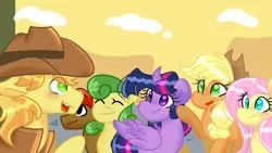 Size: 1024x576 | Tagged: safe, artist:llyly, derpibooru import, applejack, braeburn, fluttershy, twilight sparkle, applecest, blushing, braeburn gets all the mares, braejack, braeshy, female, image, incest, jpeg, male, shipping, straight, twiburn