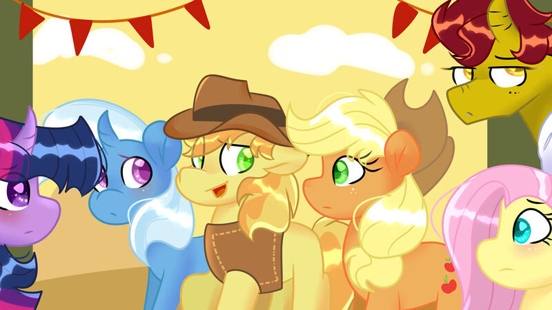 Size: 1024x576 | Tagged: safe, artist:llyly, derpibooru import, applejack, braeburn, fluttershy, trixie, twilight sparkle, applecest, blushing, braeburn gets all the mares, braejack, braeshy, female, image, incest, jpeg, male, shipping, straight, trixburn, twiburn