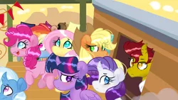 Size: 1024x576 | Tagged: safe, artist:llyly, derpibooru import, applejack, fluttershy, pinkie pie, rainbow dash, rarity, trixie, twilight sparkle, image, jpeg, mane six