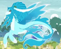 Size: 1280x1028 | Tagged: safe, artist:klfunsskxd, derpibooru import, oc, unofficial characters only, alicorn, pony, seapony (g4), blue mane, deviantart watermark, female, fin wings, fins, fish tail, flowing mane, flowing tail, image, jpeg, obtrusive watermark, seaponified, smiling, solo, species swap, tail, watermark, wings