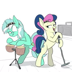 Size: 1280x1280 | Tagged: safe, artist:rocket-lawnchair, derpibooru import, bon bon, lyra heartstrings, sweetie drops, earth pony, pony, unicorn, bipedal, bongos, duo, duo female, female, image, ishtar, jpeg, microphone, musical instrument, open mouth, singing