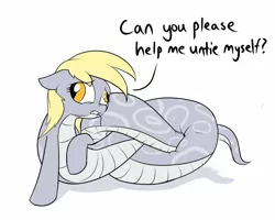 Size: 1280x1024 | Tagged: safe, artist:rocket-lawnchair, derpibooru import, derpy hooves, lamia, original species, snake, snake pony, adorable distress, cute, derpy being derpy, female, i can't believe it's not badumsquish, i just don't know what went wrong, image, jpeg, knot, lamiafied, snerpy, species swap