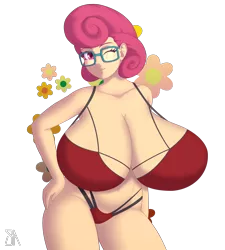 Size: 2700x3000 | Tagged: suggestive, artist:souladdicted, artist:wanderingeditor, derpibooru import, edit, posey shy, human, big breasts, breast edit, breasts, busty posey shy, clothes, female, glasses, huge breasts, humanized, image, impossibly large breasts, milf, one eye closed, png, simple background, smiling, solo, solo female, stupid sexy posey shy, swimsuit, transparent background, wink