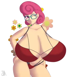 Size: 2700x3000 | Tagged: suggestive, artist:souladdicted, artist:wanderingeditor, derpibooru import, edit, posey shy, human, big breasts, breast edit, breasts, busty posey shy, clothes, female, glasses, huge breasts, humanized, image, impossibly large breasts, milf, one eye closed, png, simple background, smiling, solo, solo female, stupid sexy posey shy, swimsuit, transparent background, wink