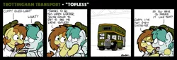 Size: 1024x352 | Tagged: safe, artist:bobthedalek, derpibooru import, oc, oc:bubble pump, oc:clippy ticket, unofficial characters only, earth pony, pegasus, pony, comic:trottingham transport, bus, clothes, hat, image, jpeg, shirt, sweat, sweatdrop, we don't normally wear clothes