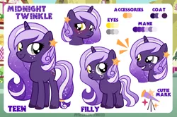 Size: 1200x798 | Tagged: safe, artist:jennieoo, derpibooru import, oc, oc:midnight twinkle, unofficial characters only, pony, unicorn, blushing, colt, constellation, ethereal mane, female, filly, happy, heterochromia, image, male, png, reference sheet, sheet, shy, smiling, solo, starry mane, teenager