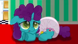 Size: 1280x720 | Tagged: safe, artist:spellboundcanvas, derpibooru import, oc, pony, unicorn, awakening, baby, baby pony, cute, diaper, female, filly, image, jpeg, poofy diaper, sleeping, sleepy, solo, tired, young