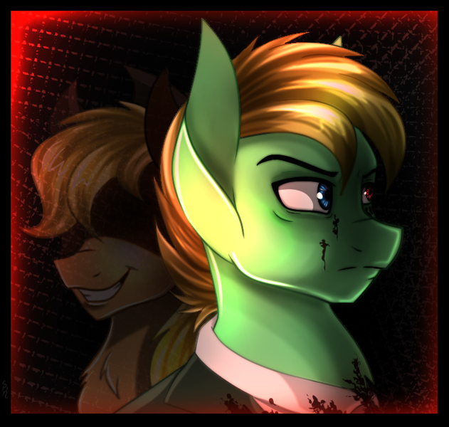 Size: 700x666 | Tagged: semi-grimdark, artist:derpsonhooves, derpibooru import, applejack, oc, oc:applesnack, earth pony, pony, fallout equestria, blood, canon x oc, cowboy hat, duo, earth pony oc, evil grin, evil smirk, fanfic art, female, grin, hat, image, male, mare, ministry mares, ministry of wartime technology, png, smiling, stallion, stetson