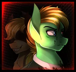 Size: 700x666 | Tagged: semi-grimdark, artist:derpsonhooves, derpibooru import, applejack, oc, oc:applesnack, earth pony, pony, fallout equestria, blood, canon x oc, cowboy hat, duo, earth pony oc, evil grin, evil smirk, fanfic art, female, grin, hat, image, male, mare, ministry mares, ministry of wartime technology, png, smiling, stallion, stetson