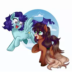 Size: 1440x1440 | Tagged: safe, artist:saltysel, derpibooru import, oc, unofficial characters only, earth pony, pegasus, pony, cloud, collaboration, duo, earth pony oc, eyelashes, flying, glasses, hoof on chest, image, jpeg, looking back, open mouth, pegasus oc, raised hoof, smiling, wings