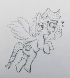 Size: 827x918 | Tagged: safe, artist:saltysel, derpibooru import, oc, unofficial characters only, pegasus, pony, female, flying, glasses, heart, image, jpeg, lineart, looking back, mare, pegasus oc, solo, traditional art, wings