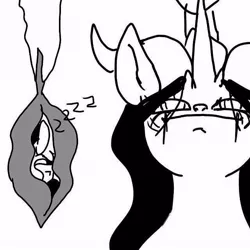 Size: 640x640 | Tagged: safe, artist:_goddesskatie_, derpibooru import, changeling queen oc, oc, unofficial characters only, alicorn, changeling, changeling queen, pony, alicorn oc, bust, cocoon, female, grayscale, horn, image, jpeg, mare, monochrome, onomatopoeia, sleeping, sound effects, wings, zzz