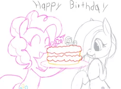 Size: 800x587 | Tagged: safe, artist:a.s.e, derpibooru import, marble pie, pinkie pie, birthday cake, cake, female, food, happy, happy birthday, image, jpeg, siblings, sisters