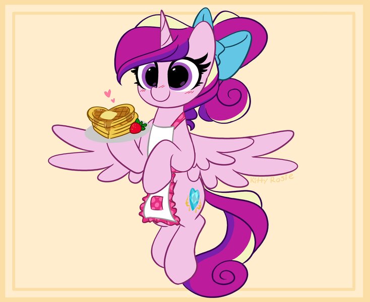 Size: 4096x3350 | Tagged: safe, artist:kittyrosie, derpibooru import, princess cadance, alicorn, pony, apron, clothes, cute, cutedance, digital art, female, food, image, jpeg, mare, ponytail, smiling, solo, waffle