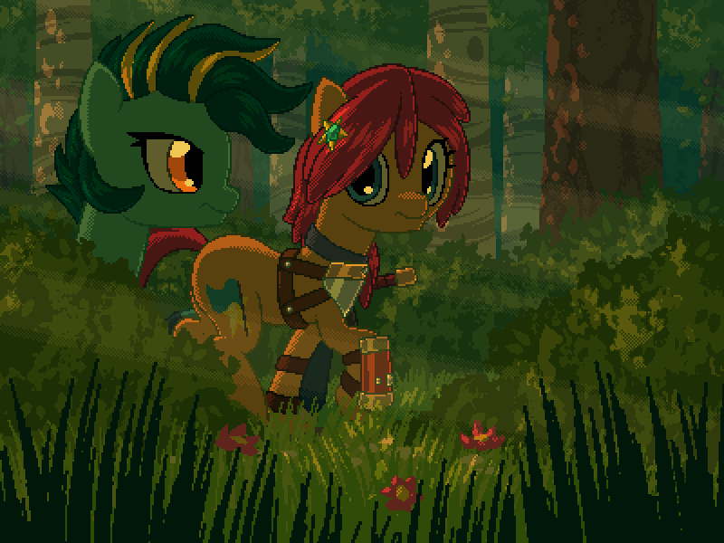 Size: 800x600 | Tagged: safe, artist:rangelost, derpibooru import, oc, oc:furia storm, oc:trailblazer, unofficial characters only, earth pony, pony, cyoa:d20 pony, armor, bush, duo, evening, female, flower, forest, grass, image, mare, outdoors, png, sword, tree, trotting, weapon