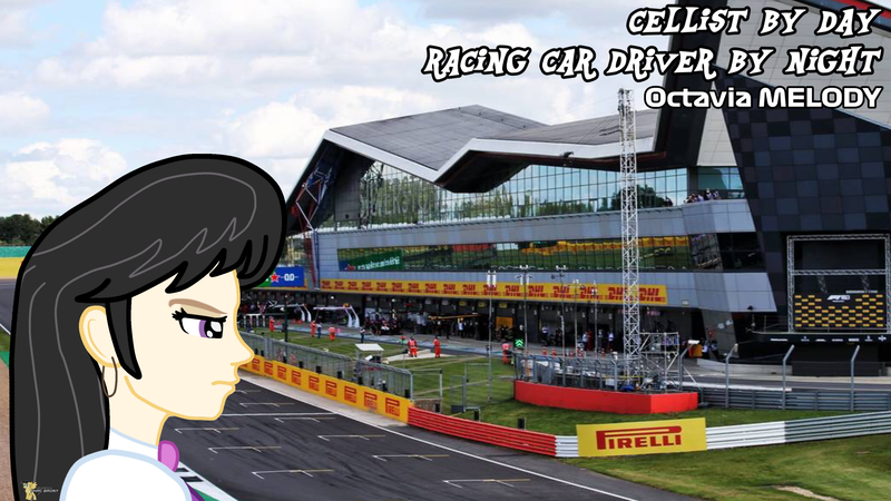 Size: 3840x2160 | Tagged: safe, derpibooru import, octavia melody, human, fanfic:equestria motorsports, ear piercing, earring, formula 1, great britain, humanized, image, jewelry, piercing, png, race track, serious, serious face, side view, silverstone racing circuit