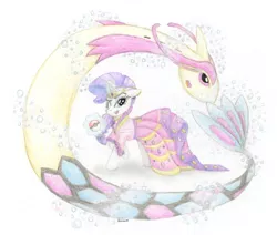 Size: 2659x2256 | Tagged: safe, artist:kirbyliscious, derpibooru import, rarity, milotic, pony, unicorn, atg 2018, blue eyes, bubble, clothes, crossover, dress, female, gala dress, glowing horn, horn, image, looking at you, newbie artist training grounds, one eye closed, open mouth, outfit, png, pokéball, pokémon, red eyes, simple background, smiling, tail, traditional art, trainer, white background